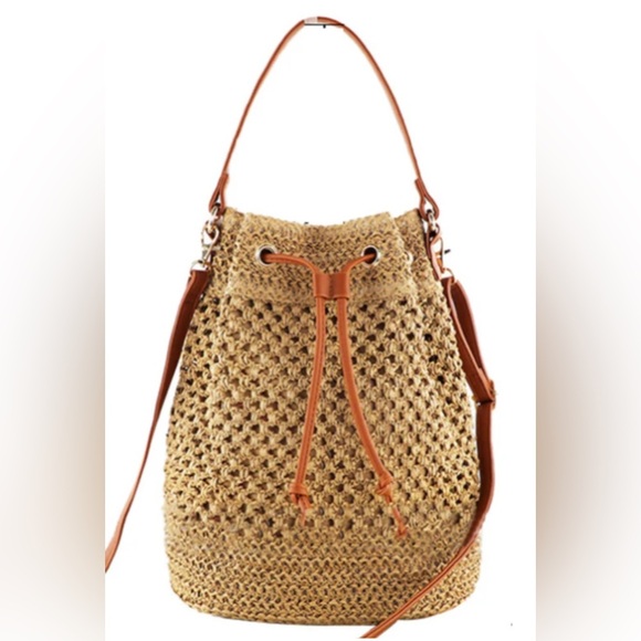 Tan Woven Straw Hollow Bucket Crossbody Bag Handbag Tan - Picture 11 of 12